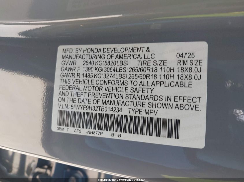 2026 Honda Passport Awd Rtl/Awd Rtl Blackout/Awd Rtl Towing VIN: 5FNYF9H32TB014234 Lot: 43987185
