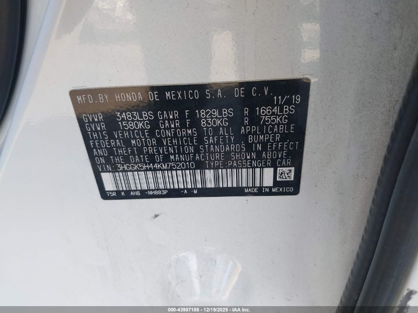 2019 Honda Fit Lx VIN: 3HGGK5H44KM752010 Lot: 43987186