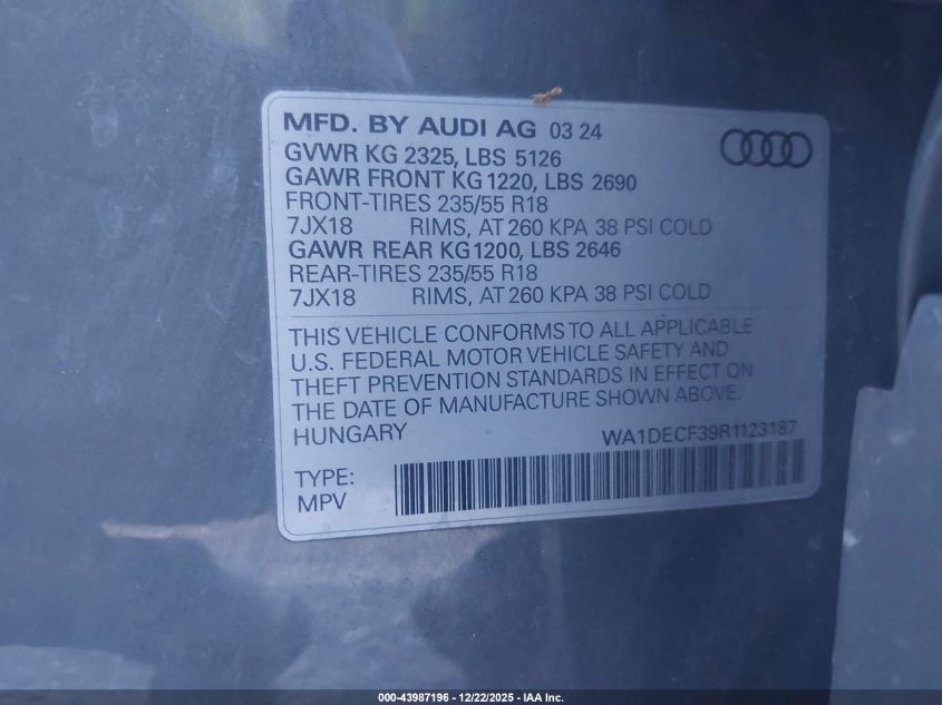 2024 Audi Q3 Premium 45 Tfsi S Line Quattro Tiptronic VIN: WA1DECF39R1123187 Lot: 43987196