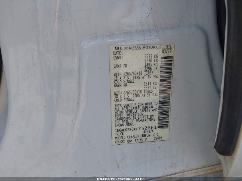 2019 Nissan Frontier Sl VIN: 1N6AD0ER6KN752661 Lot: 43987199