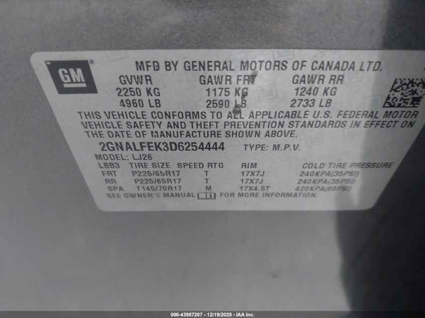 2013 Chevrolet Equinox Ltz VIN: 2GNALFEK3D6254444 Lot: 43987207