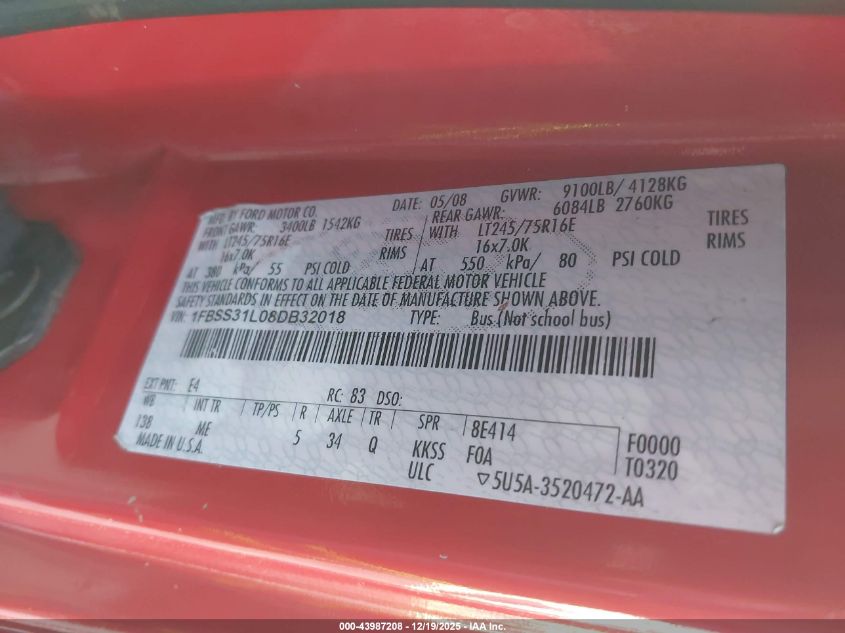 2008 Ford E-350 Super Duty Xl/Xlt VIN: 1FBSS31L08DB32018 Lot: 43987208
