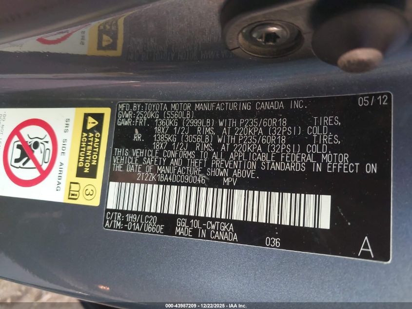 2013 Lexus Rx 350 VIN: 2T2ZK1BA4DC090046 Lot: 43987209