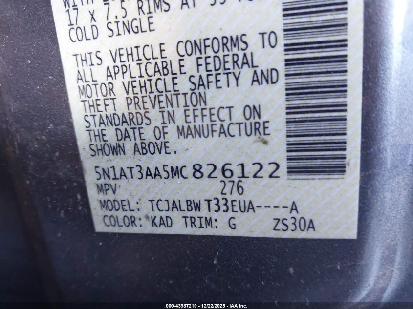 2021 Nissan Rogue S Fwd VIN: 5N1AT3AA5MC826122 Lot: 43987210