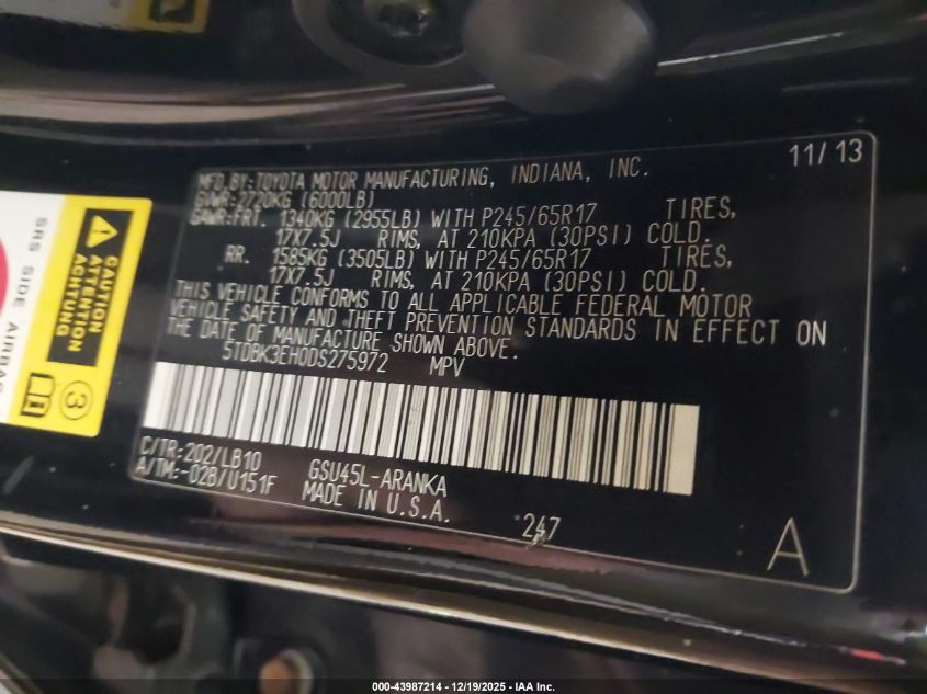 2013 Toyota Highlander Se V6 VIN: 5TDBK3EH0DS275972 Lot: 43987214