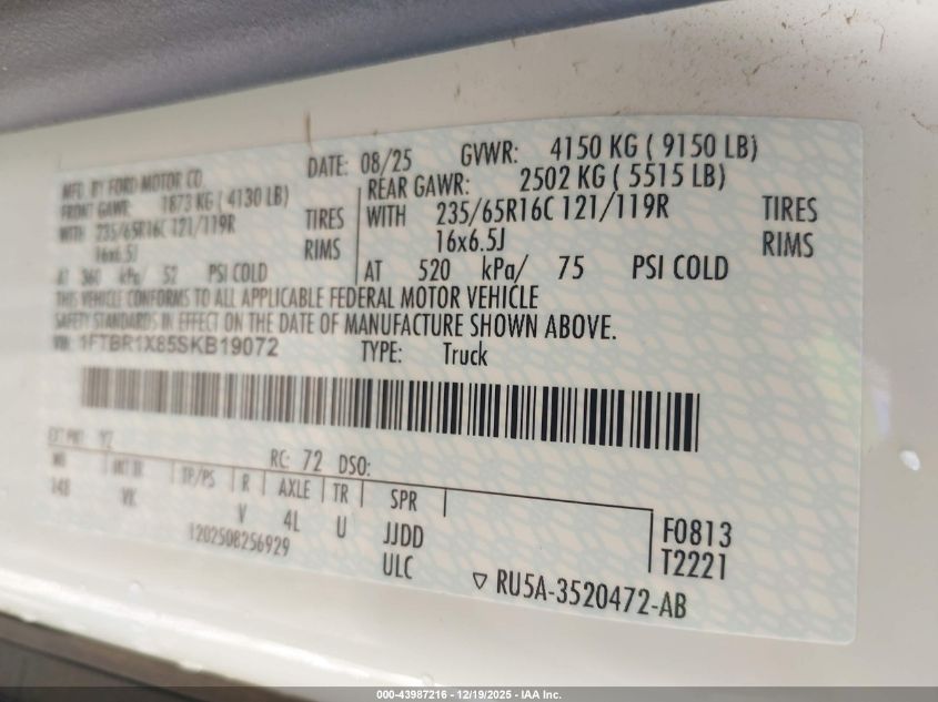 2025 Ford Transit-250 VIN: 1FTBR1X85SKB19072 Lot: 43987216