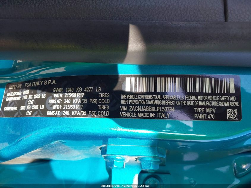 2020 Jeep Renegade Latitude Fwd VIN: ZACNJABB9LPL50794 Lot: 43987218