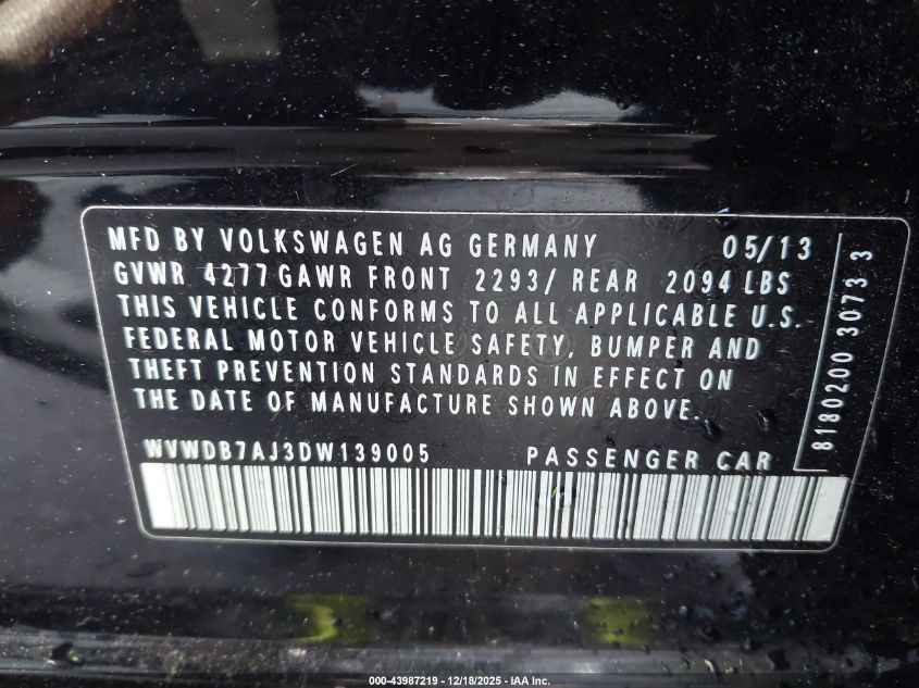 2013 Volkswagen Golf 2.5L 4-Door VIN: WVWDB7AJ3DW139005 Lot: 43987219