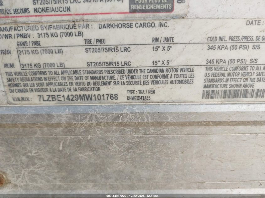 2020 Daco Trailer Corp 14' Enclosed VIN: 7LZBE1429MW101768 Lot: 43987220