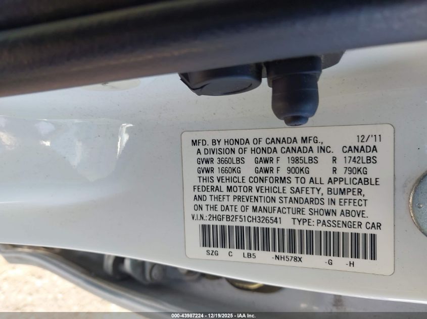 2012 Honda Civic Lx VIN: 2HGFB2F51CH326541 Lot: 43987224