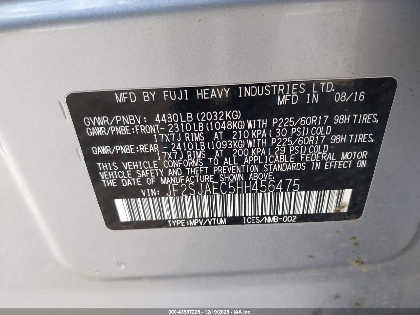 2017 Subaru Forester 2.5I Premium VIN: JF2SJAEC5HH456475 Lot: 43987226