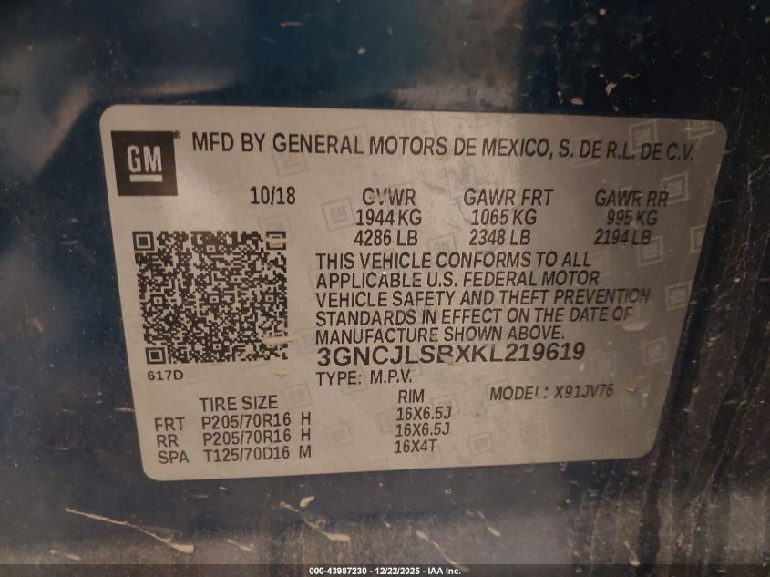 2019 Chevrolet Trax Lt VIN: 3GNCJLSBXKL219619 Lot: 43987230