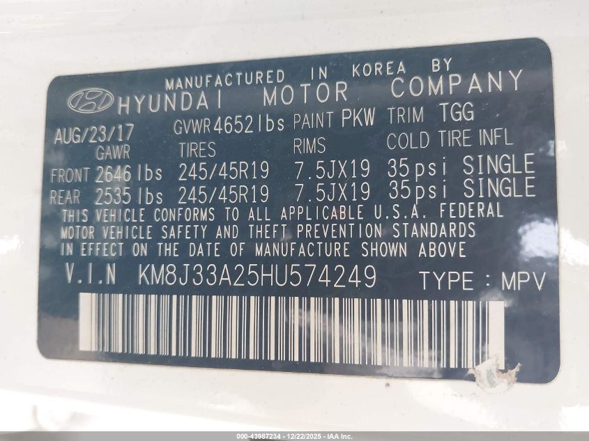 2017 Hyundai Tucson Value VIN: KM8J33A25HU574249 Lot: 43987234