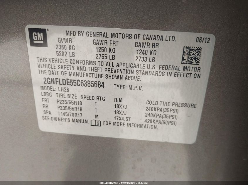 2012 Chevrolet Equinox 1Lt VIN: 2GNFLDE55C6385684 Lot: 43987235