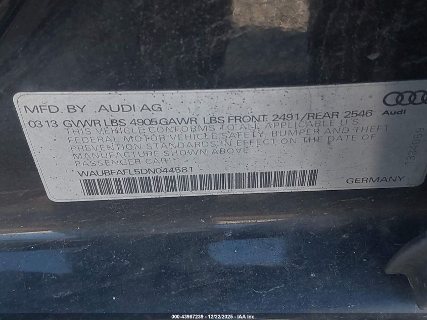 2013 Audi A4 2.0T Premium VIN: WAUBFAFL5DN044581 Lot: 43987239