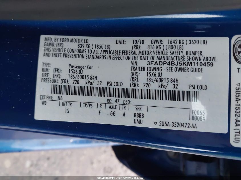 2019 Ford Fiesta Se VIN: 3FADP4BJ5KM110459 Lot: 43987241