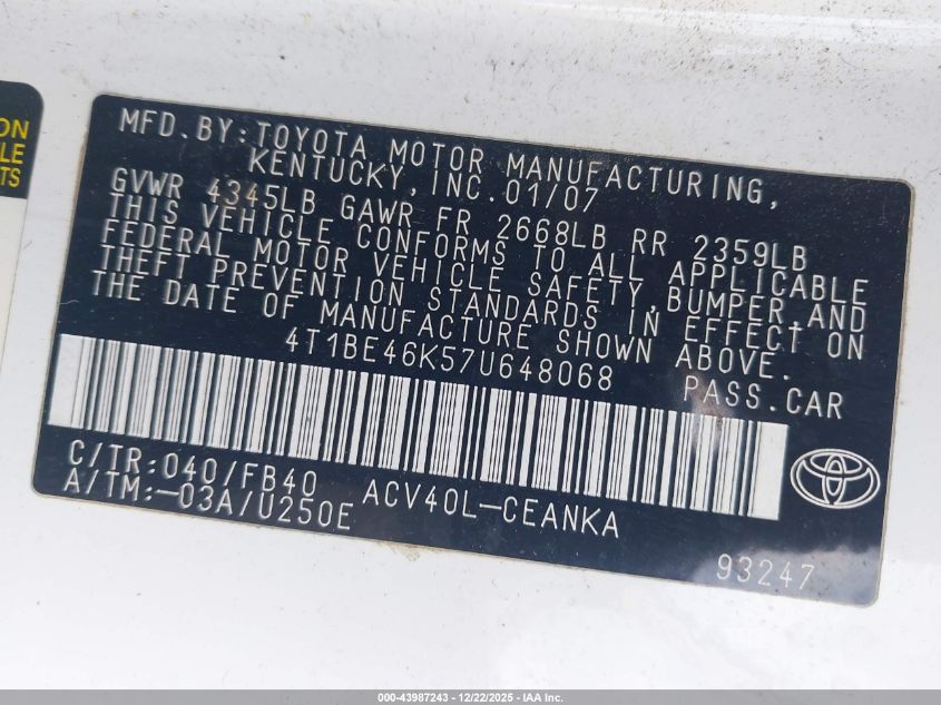 2007 Toyota Camry Le VIN: 4T1BE46K57U648068 Lot: 43987243