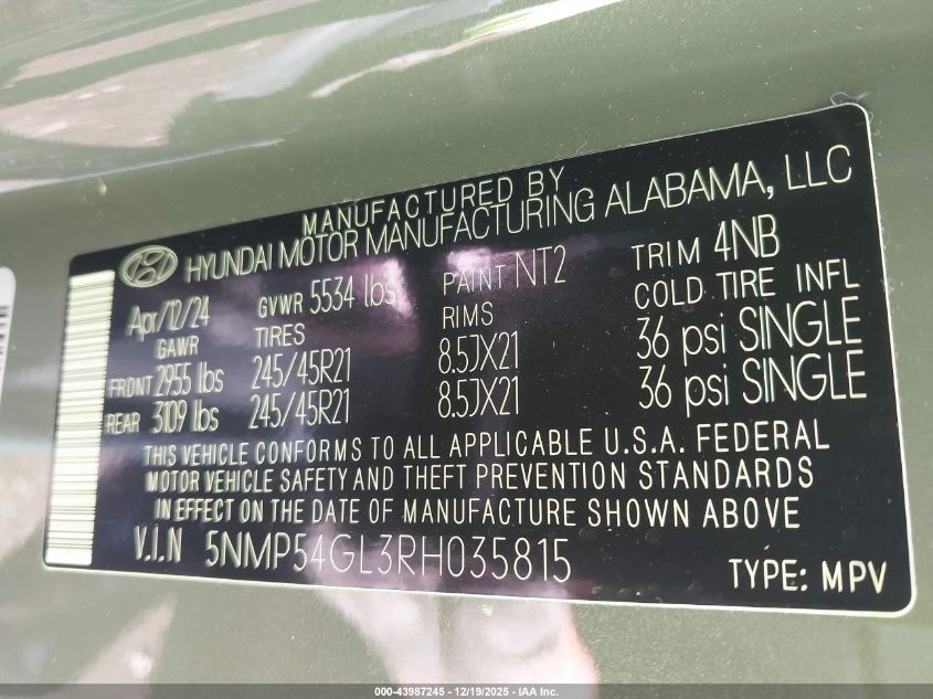 2024 Hyundai Santa Fe Calligraphy VIN: 5NMP54GL3RH035815 Lot: 43987245