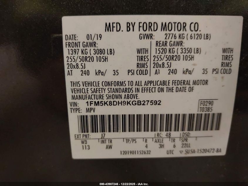 2019 Ford Explorer Xlt VIN: 1FM5K8DH9KGB27592 Lot: 43987246