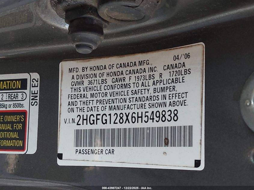 2006 Honda Civic Ex VIN: 2HGFG128X6H549838 Lot: 43987247