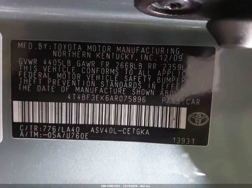 2010 Toyota Camry Xle VIN: 4T4BF3EK6AR075896 Lot: 43987253