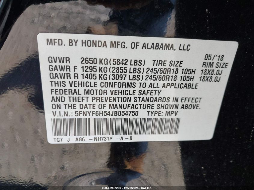 2018 Honda Pilot Ex-L VIN: 5FNYF6H54JB054750 Lot: 43987260