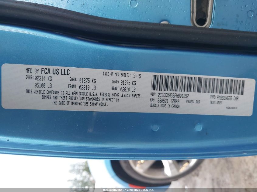 2015 Dodge Charger Sxt VIN: 2C3CDXHG3FH801252 Lot: 43987261