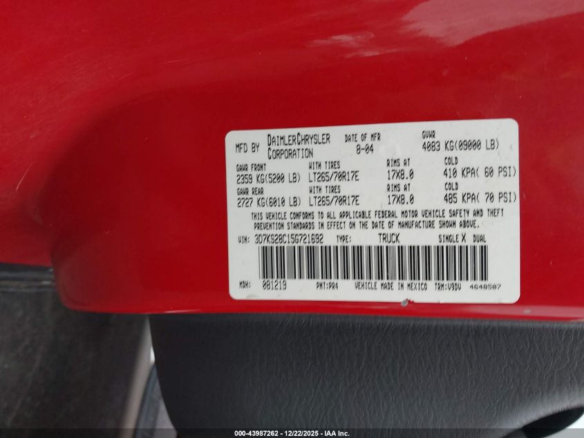 2005 Dodge Ram 2500 Slt/Laramie VIN: 3D7KS28C15G721692 Lot: 43987262