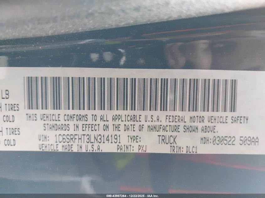 2020 Ram 1500 Limited 4X4 5'7 Box VIN: 1C6SRFHT3LN314191 Lot: 43987264