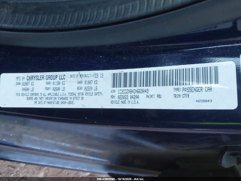 2013 Dodge Avenger Se VIN: 1C3CDZAB4DN669049 Lot: 43987268