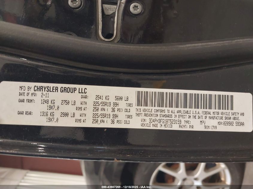 2011 Dodge Journey Crew VIN: 3D4PH3FG1BT523159 Lot: 43987269