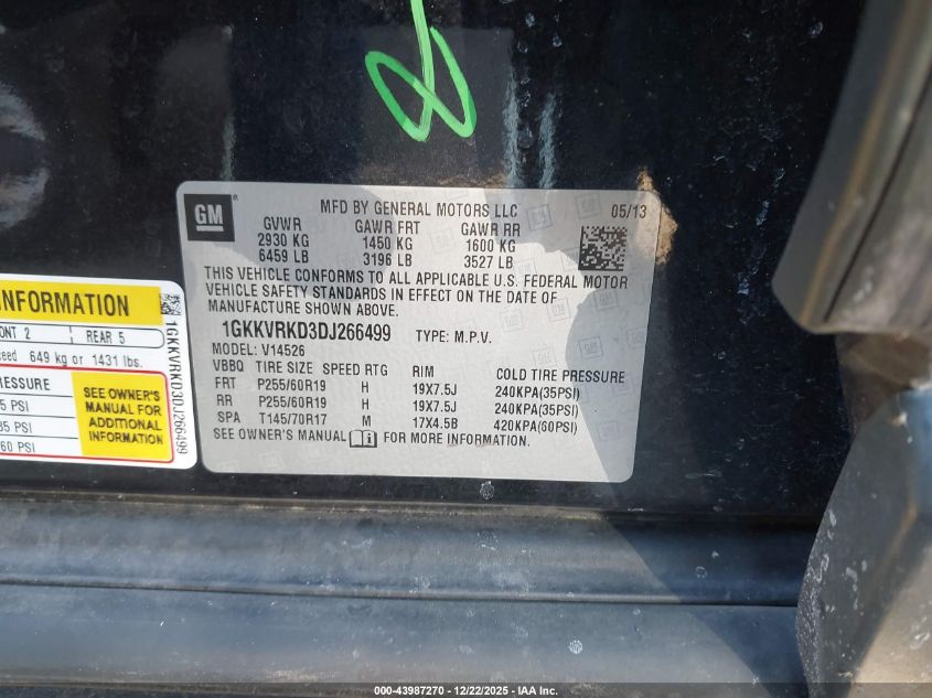 2013 GMC Acadia Slt-1 VIN: 1GKKVRKD3DJ266499 Lot: 43987270