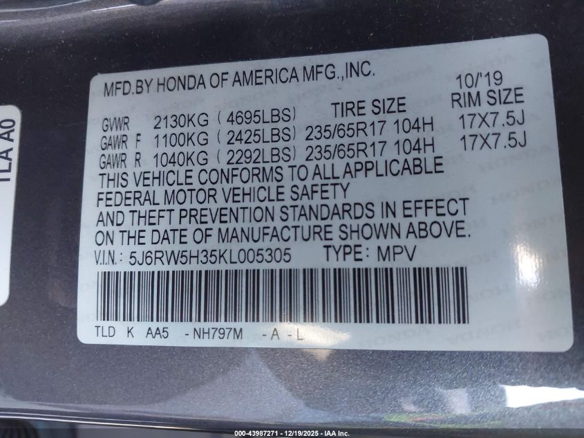 2019 Honda Cr-V Lx VIN: 5J6RW5H35KL005305 Lot: 43987271