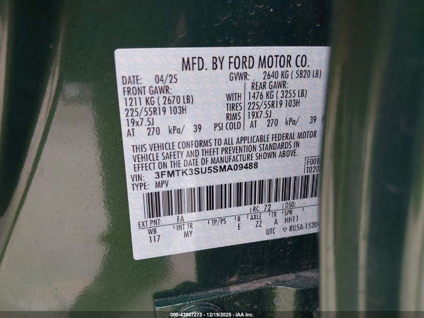2025 Ford Mustang Mach-E Premium VIN: 3FMTK3SU5SMA09488 Lot: 43987273