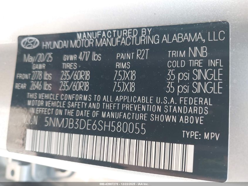 2025 Hyundai Tucson Sel VIN: 5NMJB3DE6SH580055 Lot: 43987278