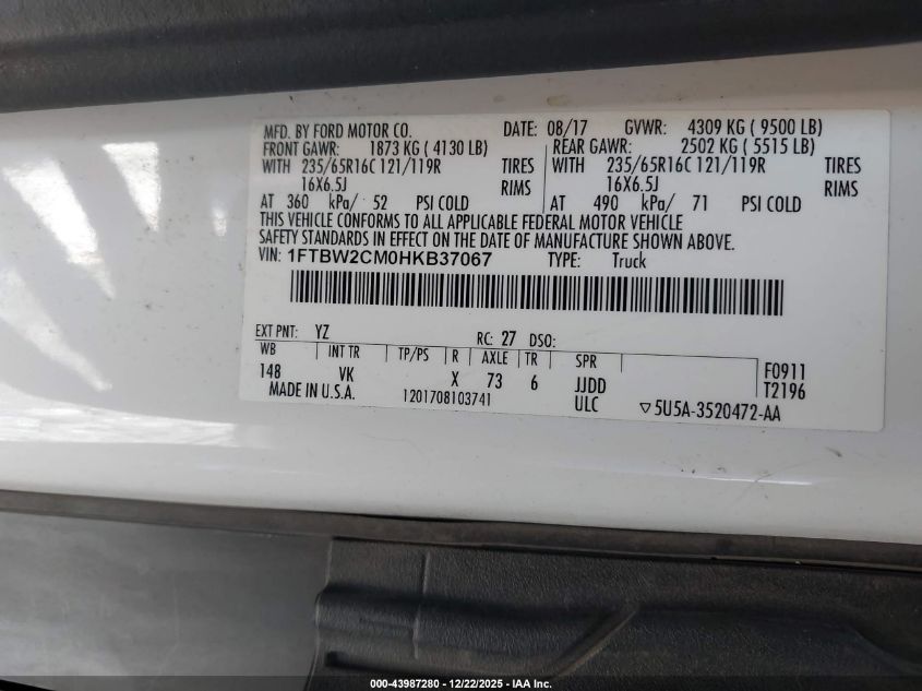 2017 Ford Transit-350 VIN: 1FTBW2CM0HKB37067 Lot: 43987280