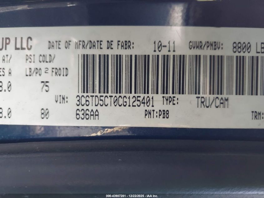 2012 Ram 2500 St VIN: 3C6TD5CT0CG125401 Lot: 43987281