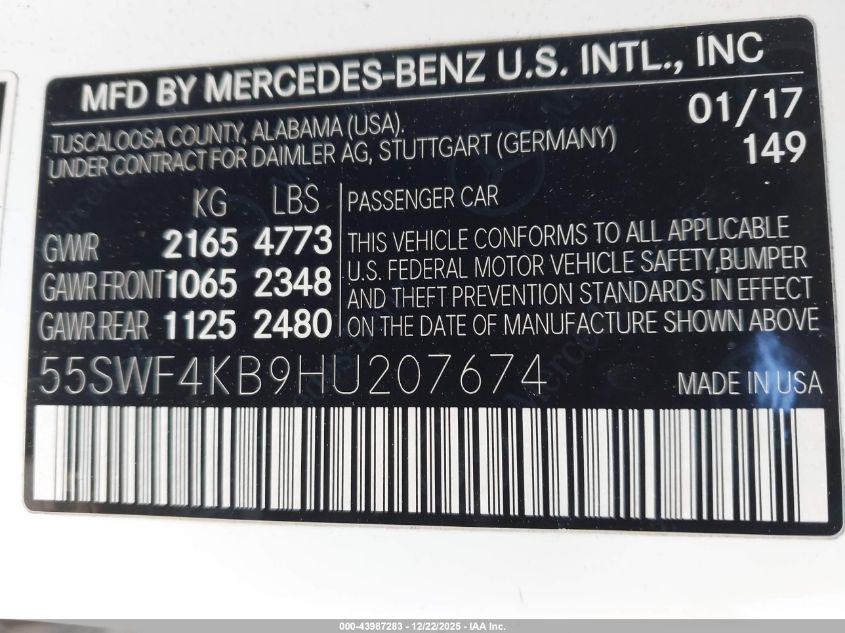 2017 Mercedes-Benz C 300 4Matic VIN: 55SWF4KB9HU207674 Lot: 43987283