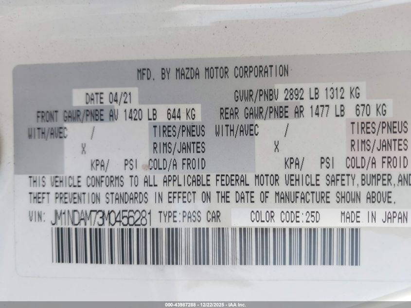 2021 Mazda Mx-5 Miata Rf Grand Touring VIN: JM1NDAM73M0456281 Lot: 43987288