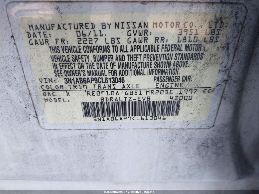 2012 Nissan Sentra 2.0 Sr VIN: 3N1AB6AP9CL613046 Lot: 43987290