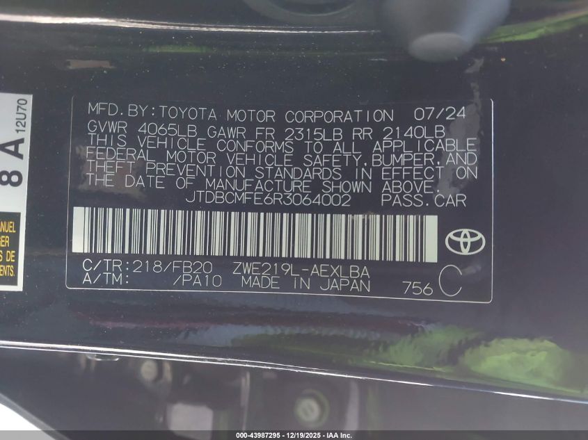 2024 Toyota Corolla Hybrid Le VIN: JTDBCMFE6R3064002 Lot: 43987295