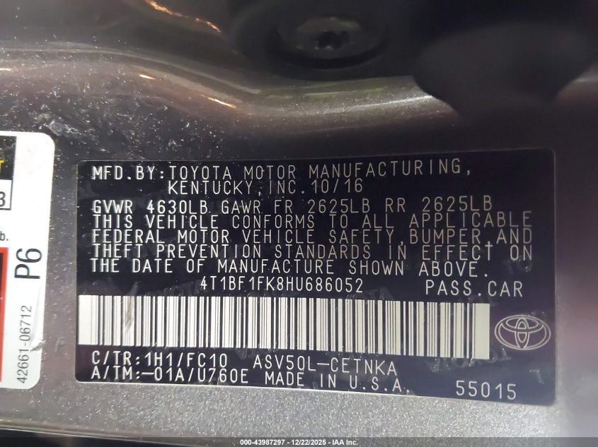 2017 Toyota Camry Le VIN: 4T1BF1FK8HU686052 Lot: 43987297