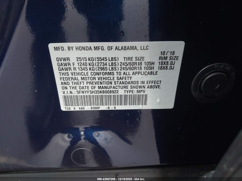 2019 Honda Pilot Ex VIN: 5FNYF5H35KB008922 Lot: 43987299