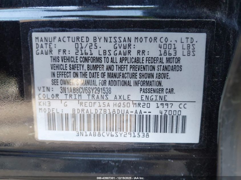 2025 Nissan Sentra Sv VIN: 3N1AB8CV6SY291538 Lot: 43987301