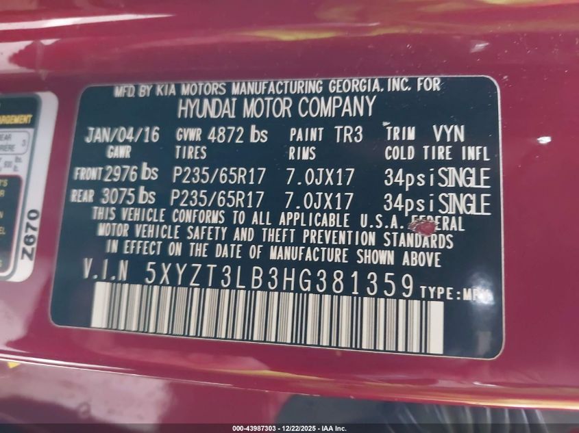 2017 Hyundai Santa Fe Sport 2.4L VIN: 5XYZT3LB3HG381359 Lot: 43987303