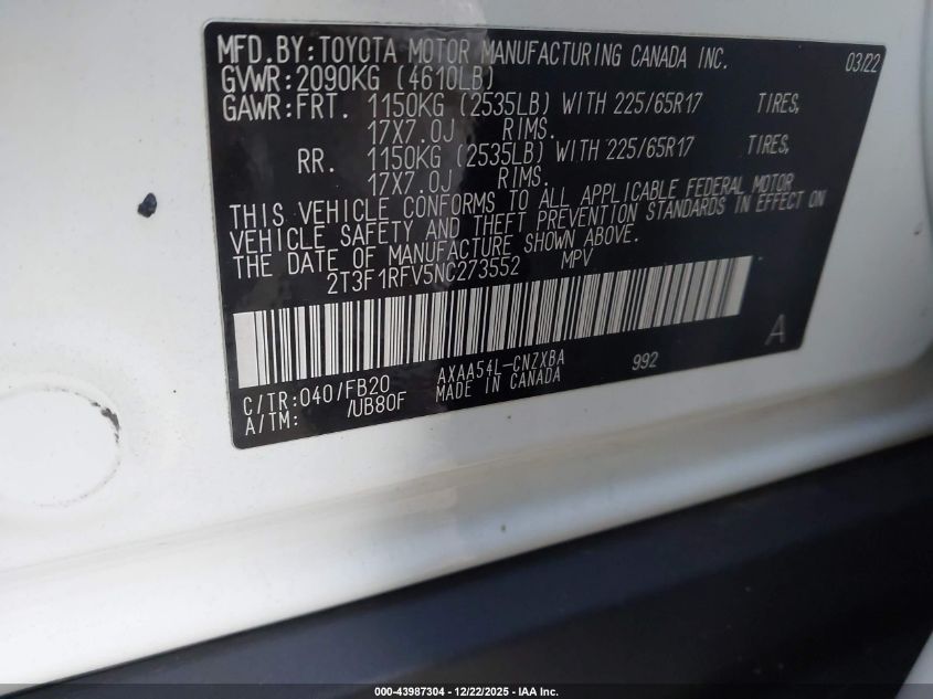 2022 Toyota Rav4 Le VIN: 2T3F1RFV5NC273552 Lot: 43987304