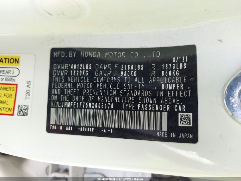 2022 Honda Civic Ex VIN: JHMFE1F75NX006170 Lot: 43987308