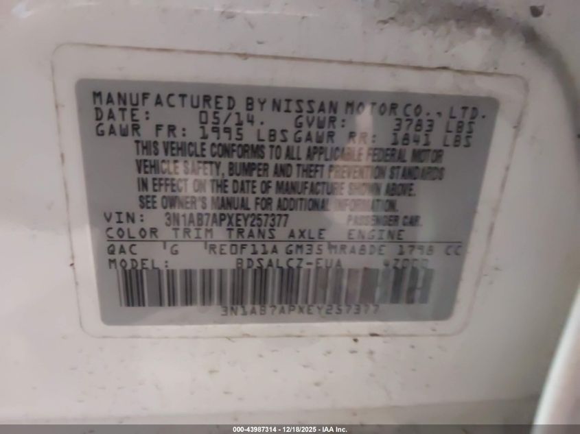 2014 Nissan Sentra Fe+ S VIN: 3N1AB7APXEY257377 Lot: 43987314