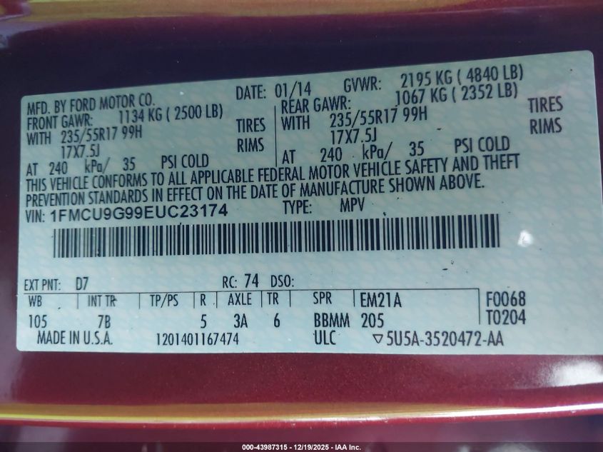 2014 Ford Escape Se VIN: 1FMCU9G99EUC23174 Lot: 43987315