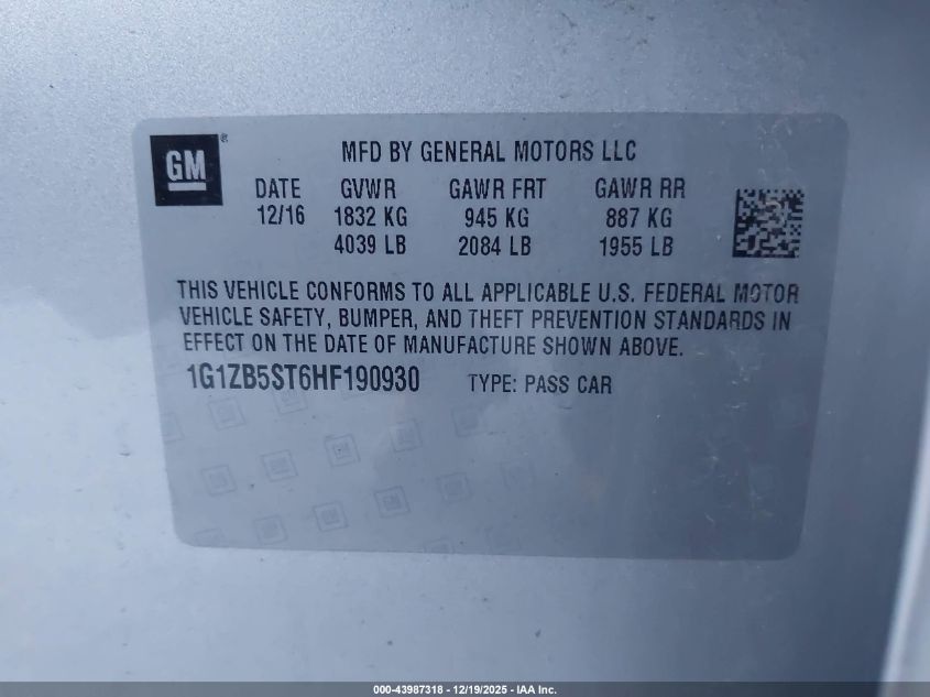2017 Chevrolet Malibu Ls VIN: 1G1ZB5ST6HF190930 Lot: 43987318
